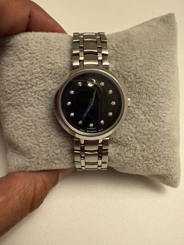 MOVADO Automático Esfera Negra Acero Inoxidable con Diamante Marcadores de Hora Damas Foto 4 de 4