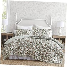 - Quilt Set, Reversible Cotton Bedding with Matching King Bramble Floral Green