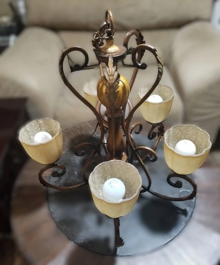 French Country 5-Light Walnut/Brass Finish Chandelier w Champagne Glass Shades - Image 4 of 4