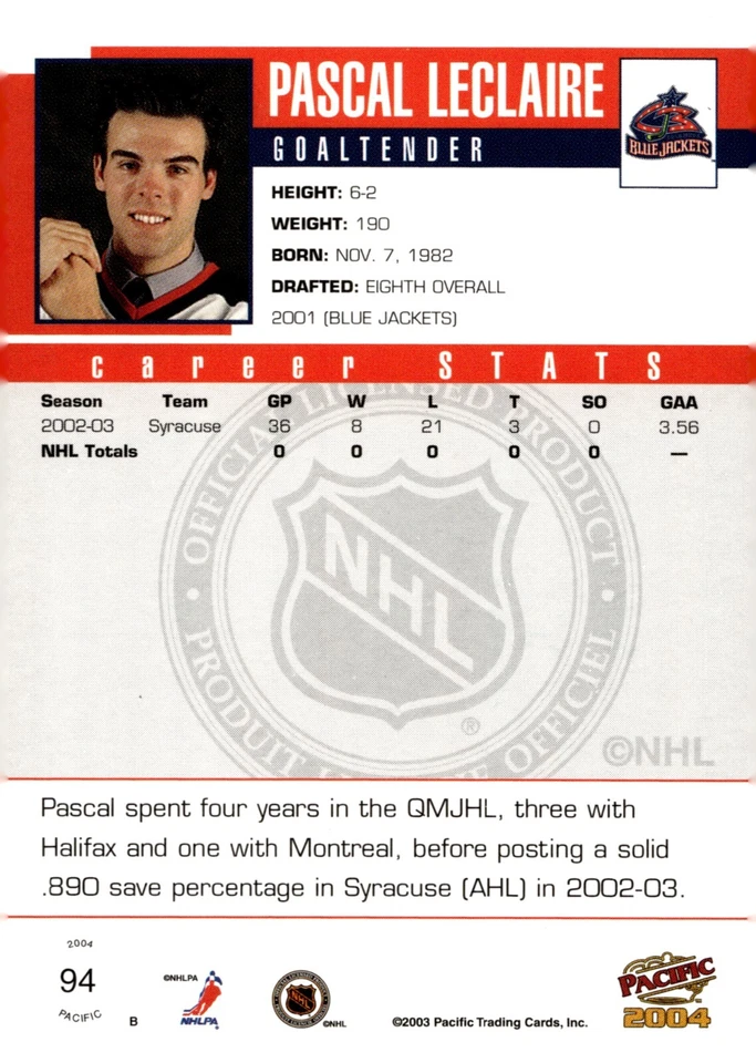 Pascal LeClaire - Signed 2003-04 Pacific Rookie Card #94 - Image 2 of 2