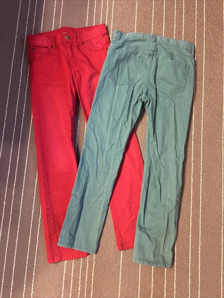 Lote de (2) Pantalones Cintura Ajustable 100% Algodón Rojo Teal H&M Niñas Nuevos sin Etiquetas Talla 7-8 Foto 2 de 3