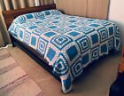 New Hand Made Ooak Hand Crocheted Full/Queen Size Blue & White Afghan Bed Throw