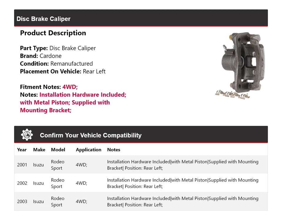 Pinza de freno de disco trasera izquierda Cardone 2002 para Isuzu Rodeo Sport 2001-2003 4x4 Foto 2 de 4