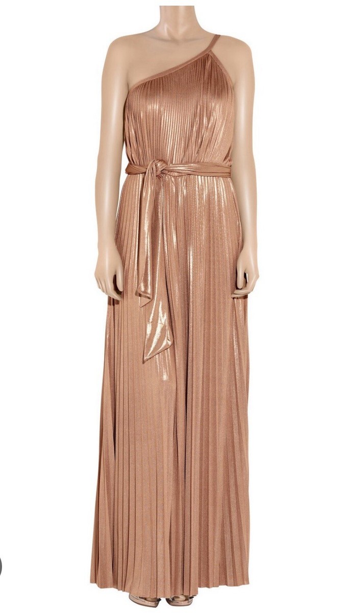 HALSTON HERITAGE ロングドレス Halston Heritage Pleated Lamé Metallic One-Shoulder Maxi