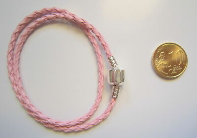 Pulsera europea doble polipiel trenzada rosa 35 cm x 3 mm cierre liso baño plata