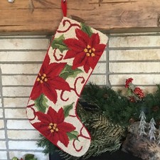 Vintage Extra Large Latch Hook Needlepoint Poinsettia Flower Christmas Stocking