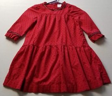 Hanna Andersson Dress Girl's 5 110 cm Red  Sleeve Swiss Dots Floral Trim Cotton