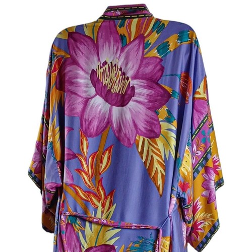 VTG Tropical Floral Kimono Robe L Lounge Boho Wrap Purple Magenta Maxi Duster - Picture 8 of 11