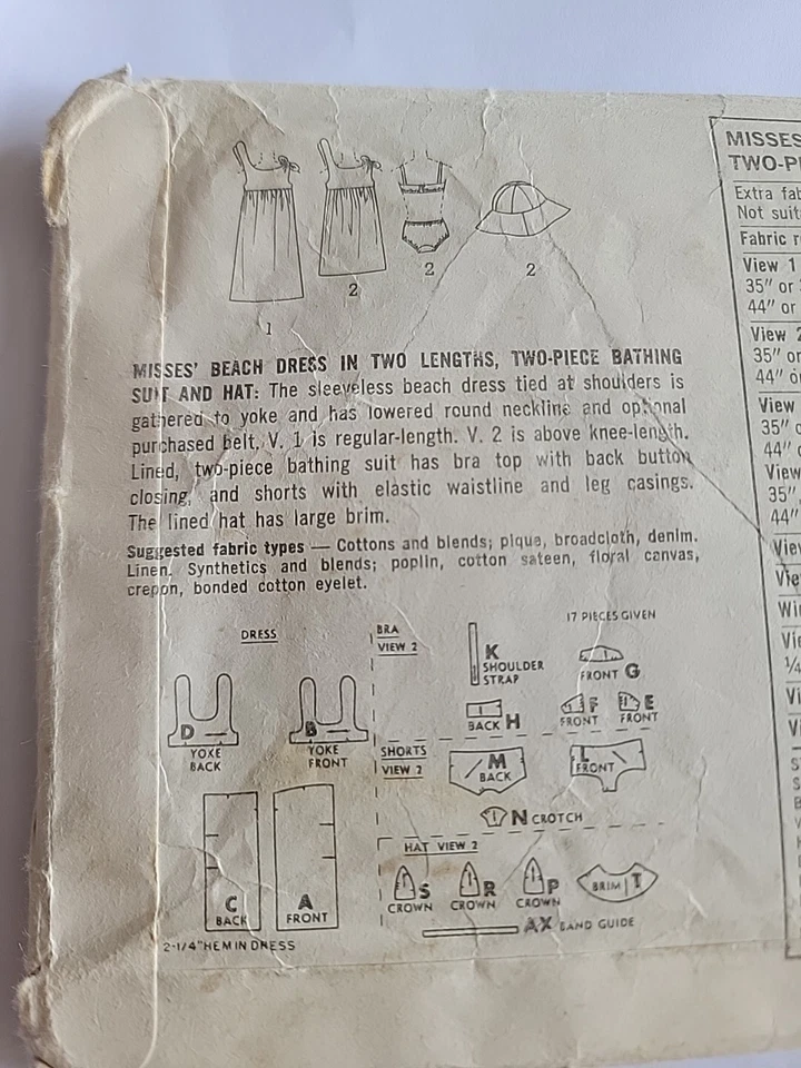 Simplicity Pattern Misses Sundress , Beach Hat Bikini 7046 Size 14 Vint Original - Image 3 of 3