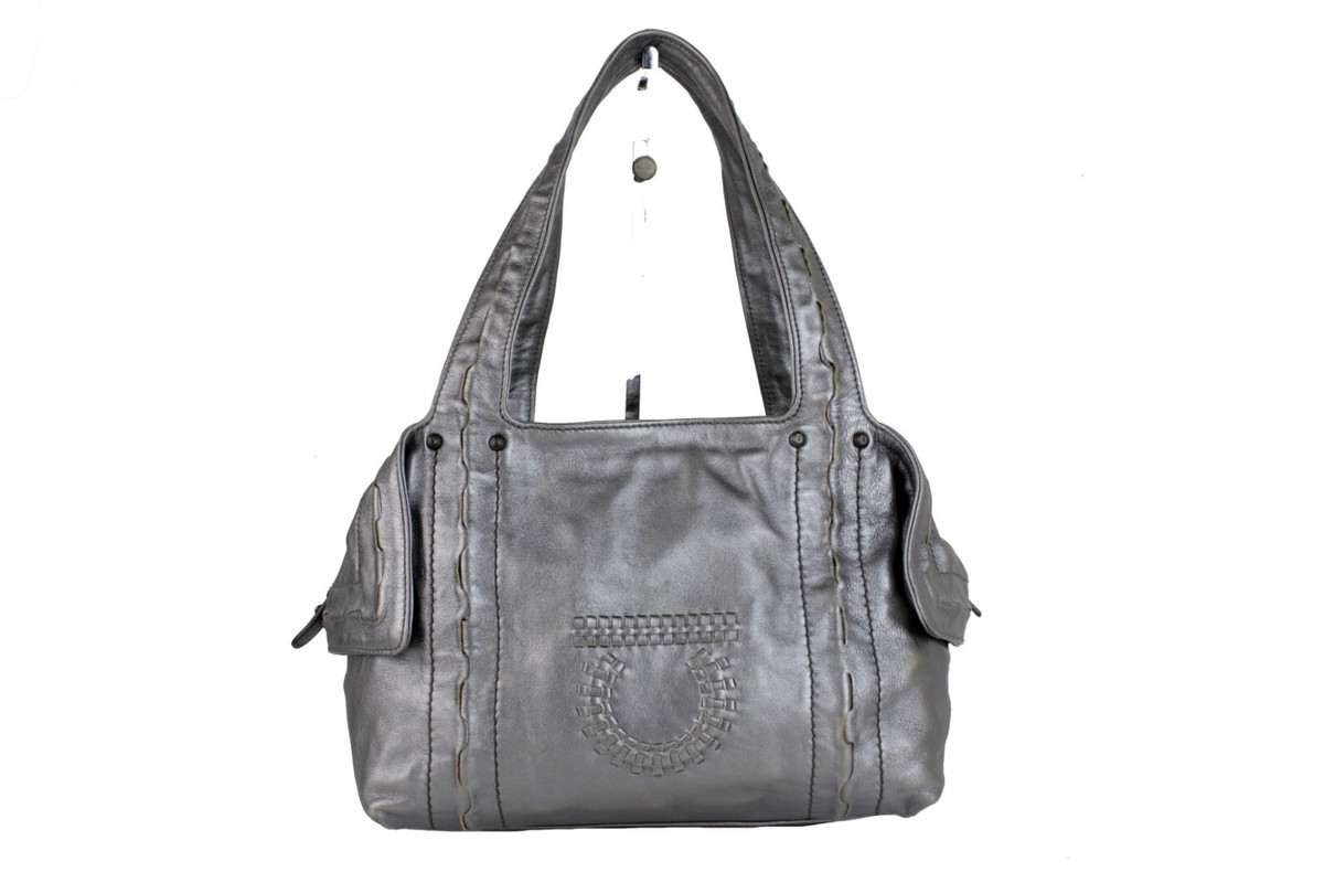 Salvatore Ferragamo Gancini Silver Leather Hobo Handbag Shoulder