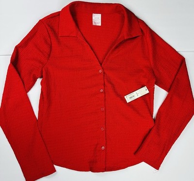 No Boundaries Textured Red Button Down Top Sz L Deep V-Neck 90s Office Siren NWT
