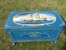 Antique painted pine blanket box. Antarctic, RRS Discovery.