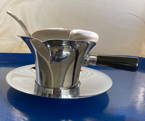 CHASE 3 pc Tulip GRAVY BLACK BAKELITE HANDLE w/ spoon and saucer CHROME art deco