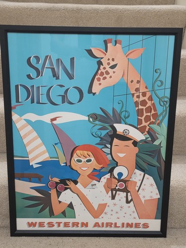 Vintage🔥 1950s Framed Western Airlines San Diego Aviation Ad Advertising Poster