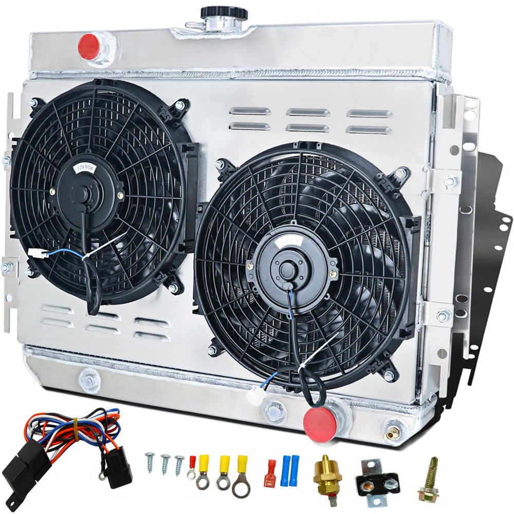 3 Row Aluminum Radiator+Shroud Fan+Relay FOR 63-68 Chevy Impala/64-67 EL Camino