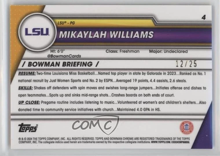 2023-24 Bowman U Chrome Orange Refractor /25 Mikaylah Williams #4 - Image 2 of 2