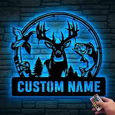 Custom Deer Turkey And Bass Fishing Metal Wall Art LED Light Sign 10x10in