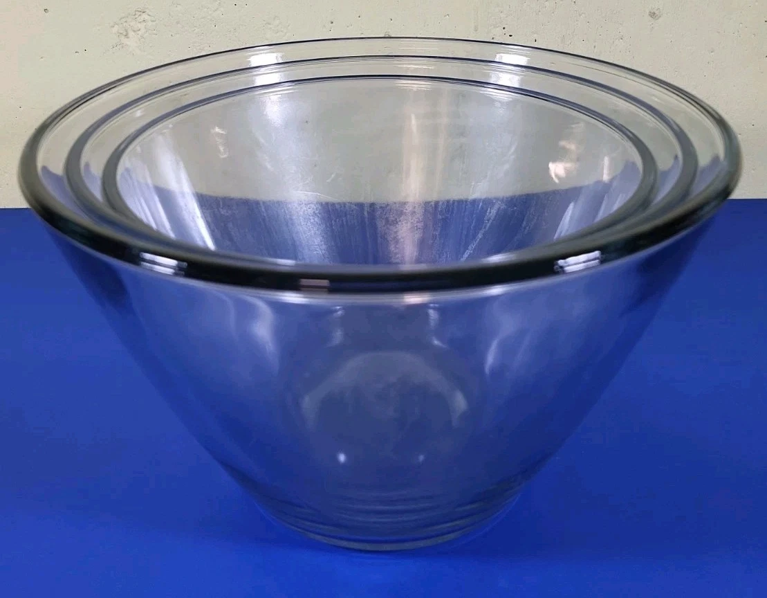 Vintage Anchor Hocking SPLASH PROOF Nesting Clear Mixing Bowls 2 - 3 - 4 Liter