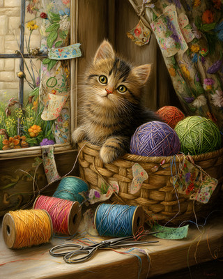 8x10 Cozy Storybook Cat Sitting in Basket of Yarn Art Print Heritage - 887754183