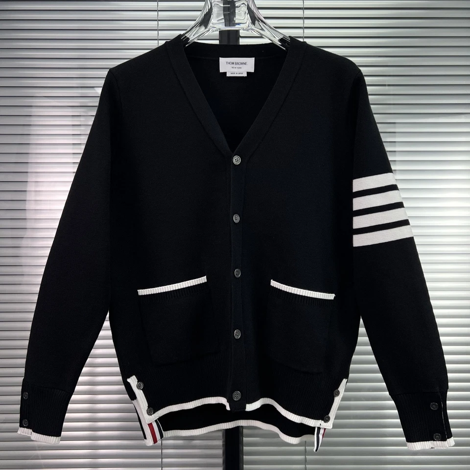 Abrigo Cárdigan Thom Browne Hombre/Mujer Tejido Rayas Otoño Nuevo Cuello en V Foto 4 de 4