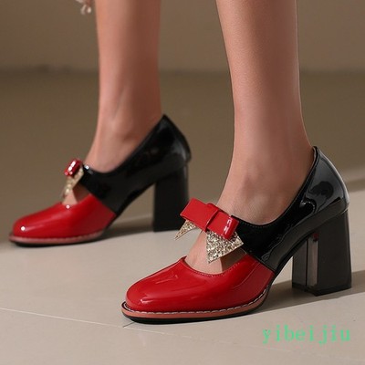 Women's Color Block Two Tone Shiny Leather Shoes Bowknot Sequins High Heel Party