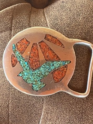 pewter belt buckle crushed coral / turquoise eagle