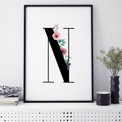 JUNIWORDS Poster mit Rahmen ''Buchstabe Florales N'' Geburtstag Namen DIN A4 A3 A2