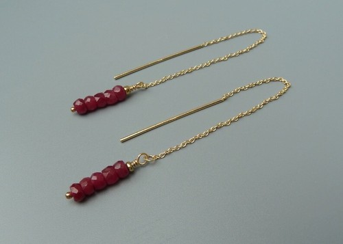 Dainty Pink Ruby Rondell Beads Handmade Gold Plated chain Threader Drop Earrings - Picture 14 of 17