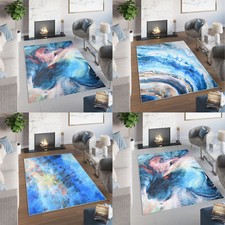 Abstrakter Teppich Blau Waschbar bei 30 Grad Wohnzimmer Rutschest Kurzflor