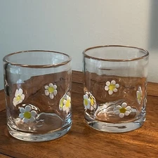 Daisy Inlay Double Rocks Old-Fashioned Glasses-Set of 2-NEW