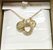 Image of MICHAEL KORS 3 CHARMS GOLD TONE PAVE HEART,MK LOGO,CHAIN NECKLACE MKJ8184