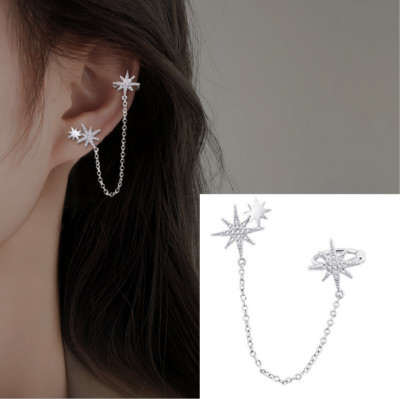 1Pc Star Hexagram Sterling Silver CZ Clip On Ear Cuff Chain Stud Earring PE59