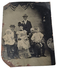 Antique Tintype Family Portrait Daper Dressed Infant Baby Children Flag Castle
