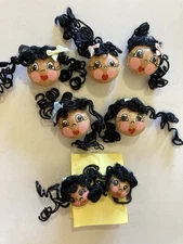 Button Covers Wood Painted Doll Faces Black Hair Ribbon Bow & Matching Earrings