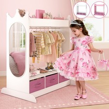 White/Pink Kids Armoire Dress Up Storage with Mirror Wardrobe Costume Organizer