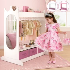 White/Pink Girls Kids Dress Up Pretend Closet Armoire Wardrobe w/ Storage,Mirror