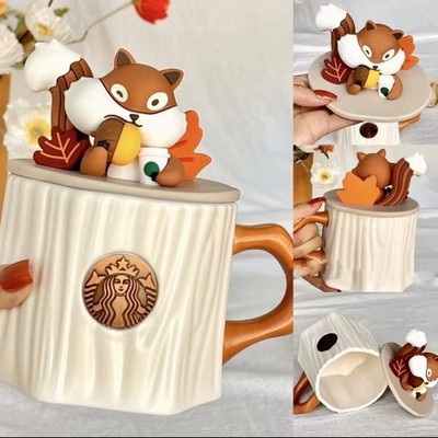 Starbucks Stump Maple Leaf Cartoon Cute Squirrel Ceramic Mug w/ Lid, Gift