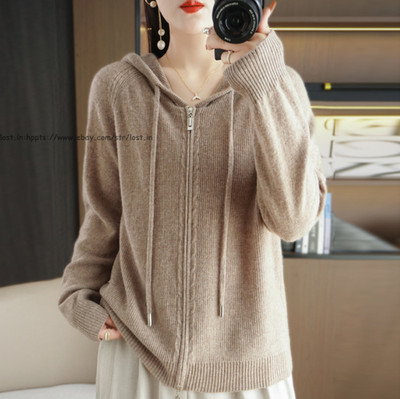 Women Cardigan Fall Winter Casual Zipper Hooded Jumpers Knit Sweater Sweatshirt