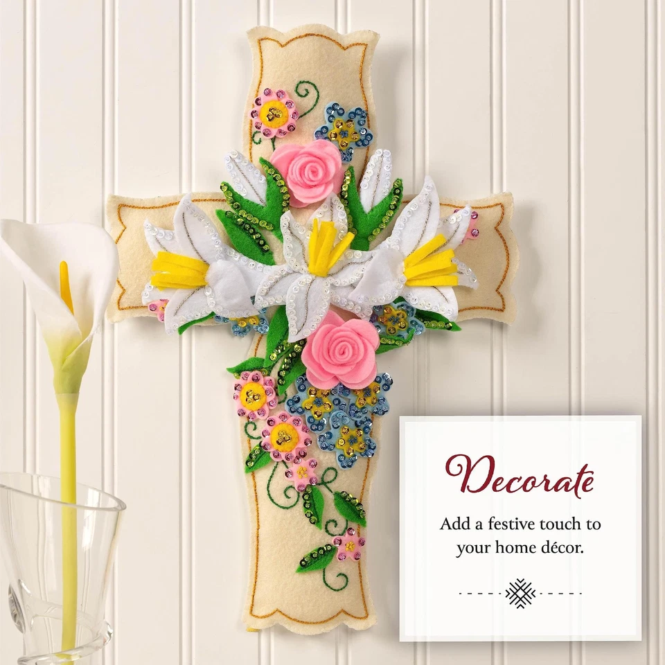 Kit colgante de pared de fieltro cruzado floral Bucilla bordado artesanal de vacaciones 11x16 Foto 4 de 4