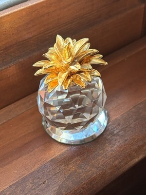 Crystal Pineapple Figurine Paperweight Gold-Tone Leaves on Beveled Mirror Base