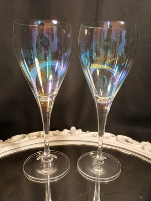 2 Bohemia Crystalex Tulip Shape Iridescent Luster Wine Glasses Goblets Pair Set