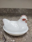 Vintage Hazel Atlas White Milk Glass Hen on Nest Basket Weave Base Trinket Dish