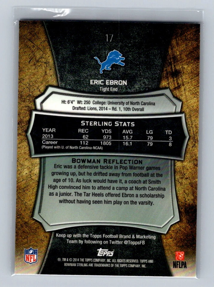 2014 Bowman Sterling #17 Eric Ebron RC Detroit Lions - Image 2 of 2