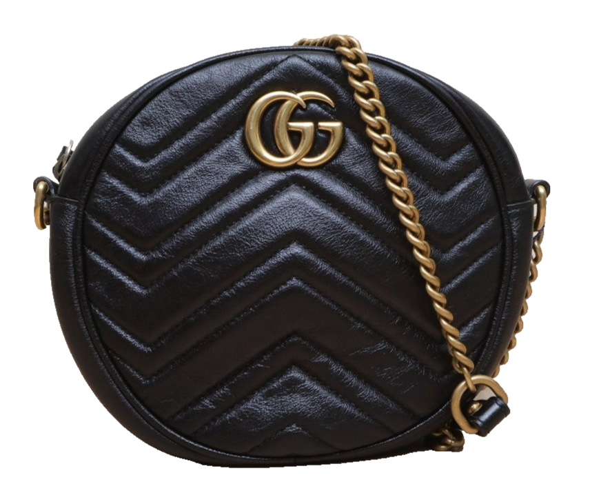 GUCCI GG Marmont Mini Round Black Leather Crossbody Bag with Chain Strap