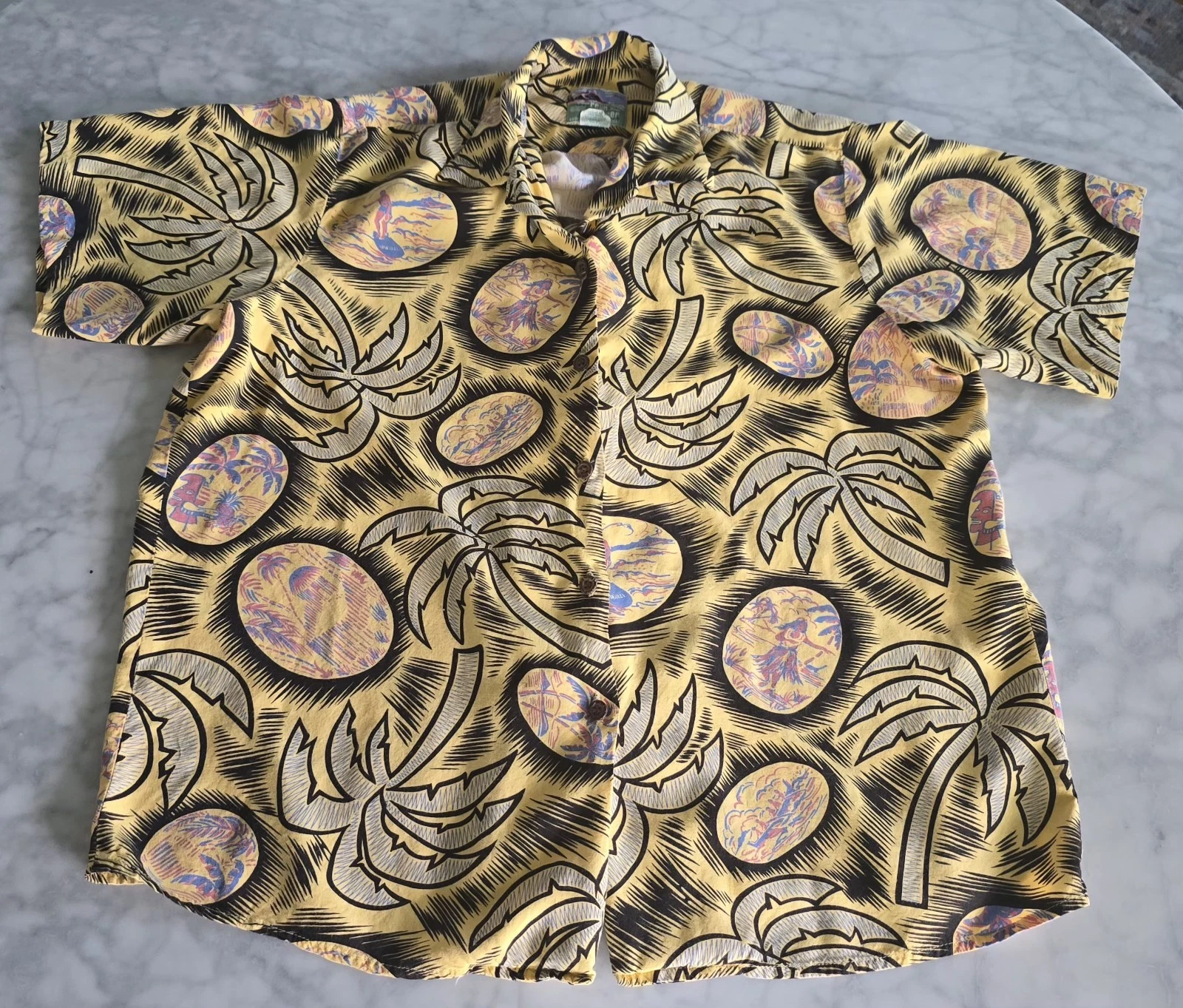 Vintage Reyn Spooner Hawaiian Aloha Button Shirt Yellow Hula Girls Size Small