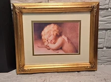 Vtg Bessie Pease Gutmann Print "Cupid Caught Napping" Ornate Gold Leaf Frame (A)
