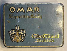 Alte Zigaretten Sch&auml;g Blechdose Omar 11x8cm  leer Gebr Tr&uuml;well Bielefeld Wappen
