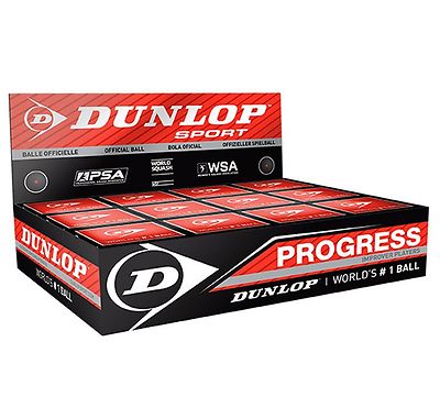 Box mit 12 Dunlop Squashbälle Squashball PROGRESS für Hobbyspieler 1 roter Punkt