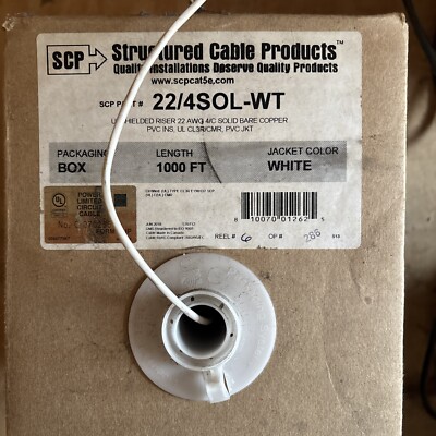 22/4SOL-WT Unshielded Riser 22AWG 4/C Ethernet Cable Spool 800ft White