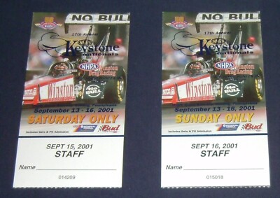 Lot Of 2 2001 Maple Grove Raceway NHRA Keystone Nationals Staff Tickets